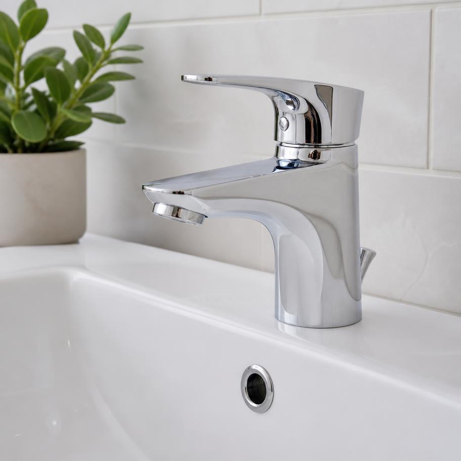 Chrome mixer tap fitted on a white basin