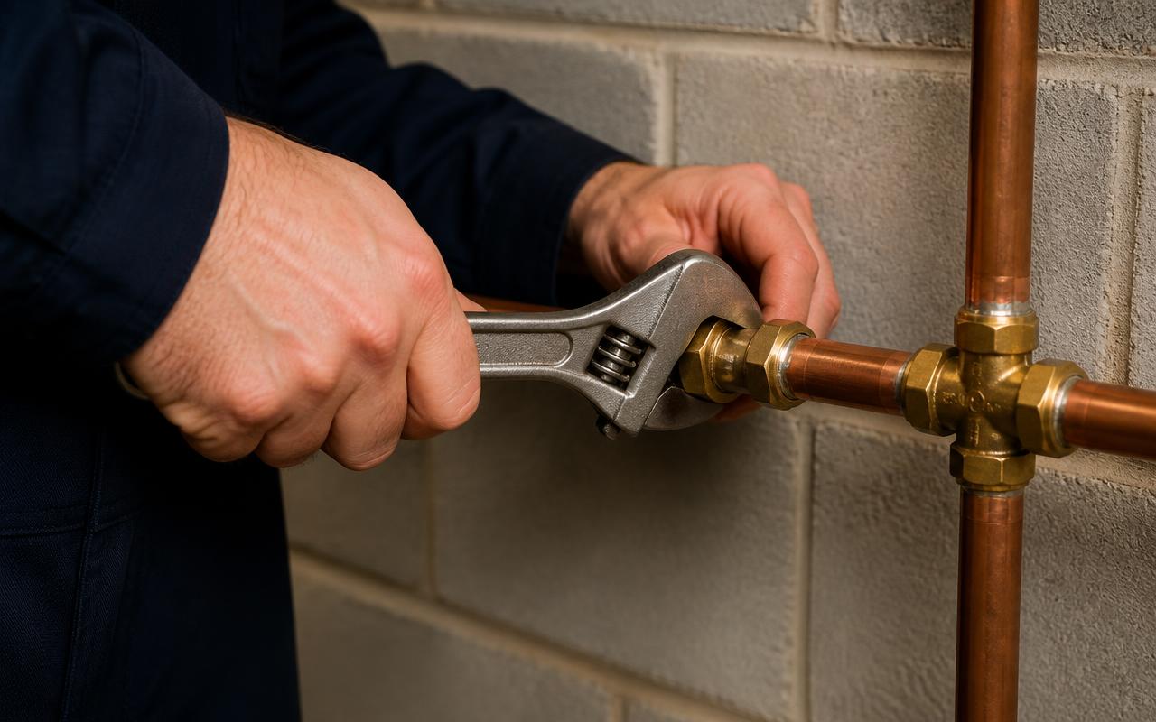 Plumber tightening a brass fitting on copper pipework with a wrench